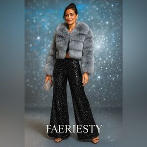 🔥FAERIESTY, Bring the Velvet Bling! Black Sequin XWide-Leg Palazzo Pant, Size XL